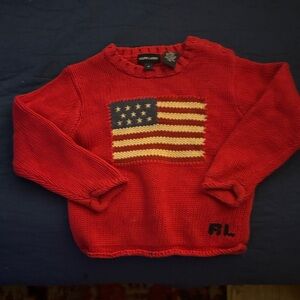 Ralph Lauren Red Knit Sweater with Flag Design